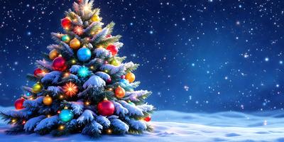 Primary subject: A colorful Christmas tree with lights and ornaments.

Setting/background: A snowy night with a blue sky.

Visual style: Digital art.

Colors and mood: The tree is decorated with colorful ornaments, and the overall atmosphere is festive and joyful.